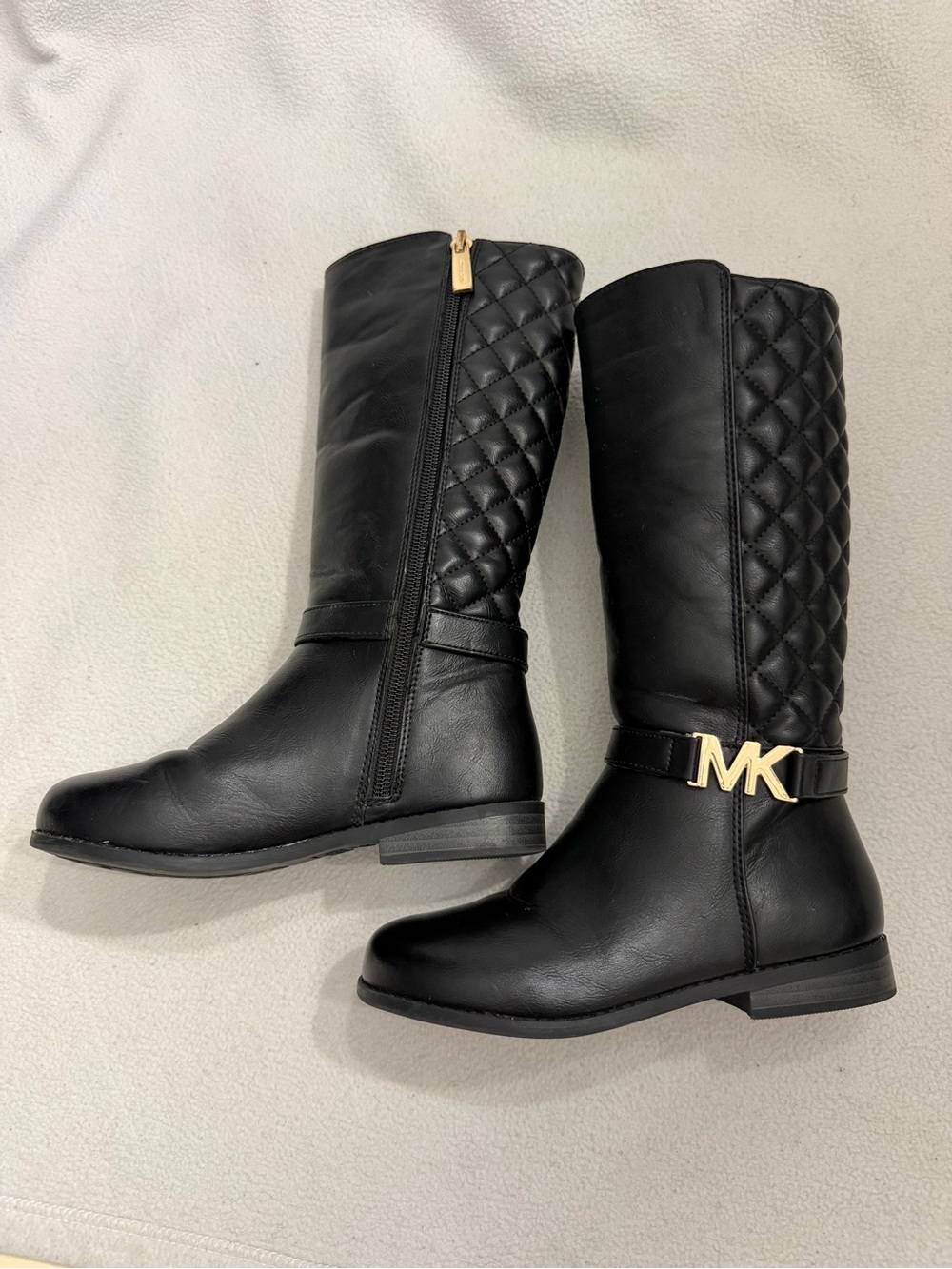 Michael Kors Black Quilted Leather Mid-Calf Boots with Gold MK Emblem
